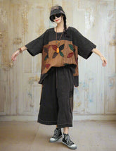 Luxury Bohemian Cotton and Linen Two Piece Set - Embroidered Floral Patchwork Loose Fit Top and Pants